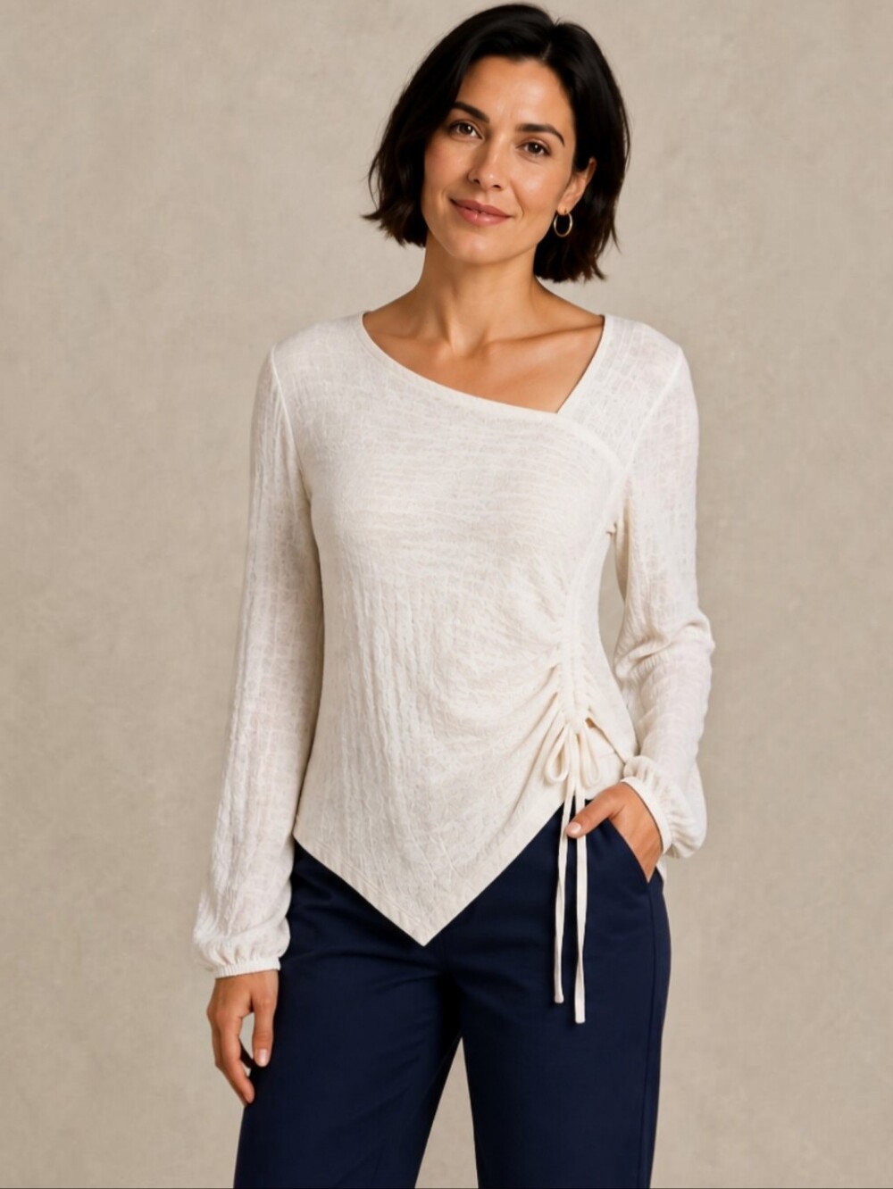 Mello Los Angeles Ivory Ruched Asymmetrical Top Size Large
